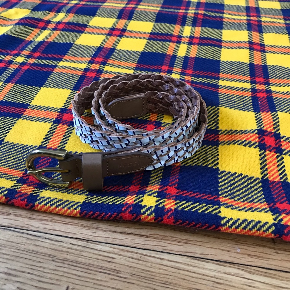 Fossil Braided White Blue Belt Brown Trim